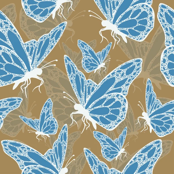 Mariposas coloreadas con adorno patrón sin costuras, en estilo boho, hippie, bohemio. Brillante, contrastante, alas azules caladas sobre fondo beige. Textil, impresión, diseño de la tela, papel pintado, envoltura — Vector de stock