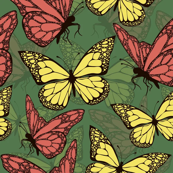 Mariposas coloreadas con adorno patrón sin costuras, en estilo boho, hippie, bohemio. Brillante, contrastante alas caladas de color rosa y amarillo sobre fondo verde. Textil, impresión, diseño de la tela, papel pintado — Vector de stock