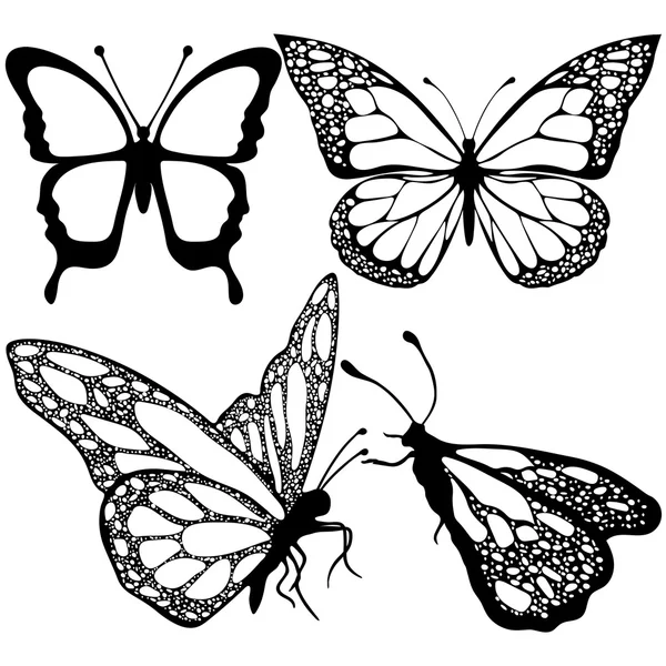 Conjunto de mariposas, monocromo, libro para colorear, ilustración en blanco y negro, dibujo a mano, boceto de tatuaje. Insecto estampado exótico, elemento decorativo, estampado. Ilustración vectorial — Archivo Imágenes Vectoriales