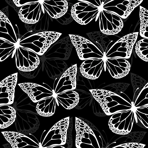 Papillons motif sans couture, monochrome, livre à colorier, illustration en noir et blanc dans le style boho, hippie, bohème. ailes de papillon noir et blanc sur fond noir. Textile, tissu, papier peint — Image vectorielle