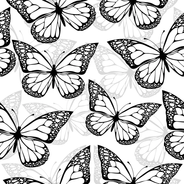 Butterflies seamless pattern, monochrome, coloring book, black and white illustration in boho style, hippie, bohemian. Black and white butterfly wings on a white background. Exotic Insect. Textile — Stock Vector
