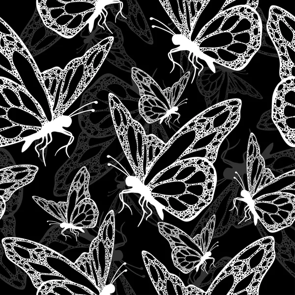 Butterflies seamless pattern, monochrome, coloring book, black and white illustration in boho style, hippie, bohemian. Black and white butterfly wings on black background. Exotic Insect. Textile — Stock Vector