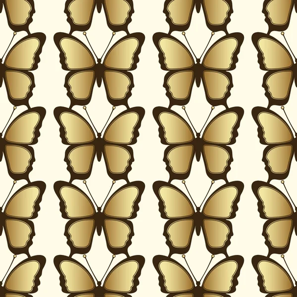 Golden butterfly seamless pattern. Luxury design, expensive jewelry. Exotic patterned Insect, repeating decorative element. Golden wings a yellow background. Textiles, print, fabric design — Stock Vector