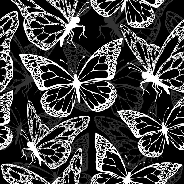 Patrón sin costuras de mariposas, monocromo, libro para colorear, ilustración en blanco y negro en estilo boho, hippie, bohemio. Alas de mariposa en blanco y negro sobre fondo negro. Insectos exóticos. Textil — Vector de stock