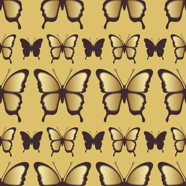 Gyllene fjäril sömlösa mönster. Lyx design, dyra smycken. Exotisk mönstrad insekt, upprepande dekorativa element. Golden Wings en gul bakgrund. Textilier, tryck, tyg design, tapet — Stock vektor