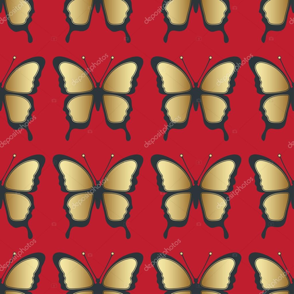 ゴールデンバタフライ シームレスパターン 高級デザイン 高価なジュエリー エキゾチックなパターンの昆虫 繰り返し装飾的な要素 赤い背景に金色の翼 テキスタイル プリント ファブリックデザイン 壁紙 ストックベクター C Eva Che