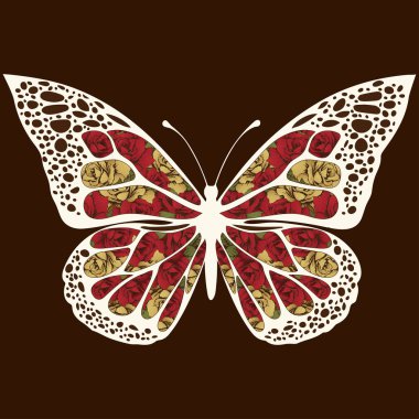 Soyut kelebek gül çiçek süslemeli. Çiçek desenli Ajur kanatları egzotik böcek. Yazdırma stili boho, hippi, bohem. Tekstil tasarımı, baskı, kumaş tasarım, dövme, kart için kullanımda