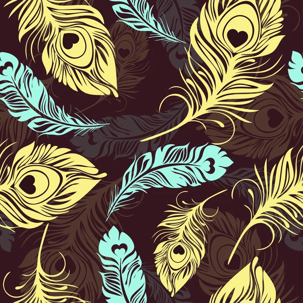 Peří bezešvé vzor. Mnohobarevná dekorativní abstraktní ptačích peří. Pro použití v tisku, tkaniny design, textilní design, obal tapety. Vektorové pozadí — Stockový vektor