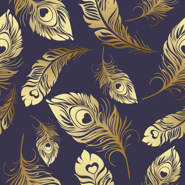 Gold feathers seamless pattern. Rich , luxury design, expensive jewelry. For use in textile design, print, fabric design, wallpaper, wrapper. Vector background — Stock Vector