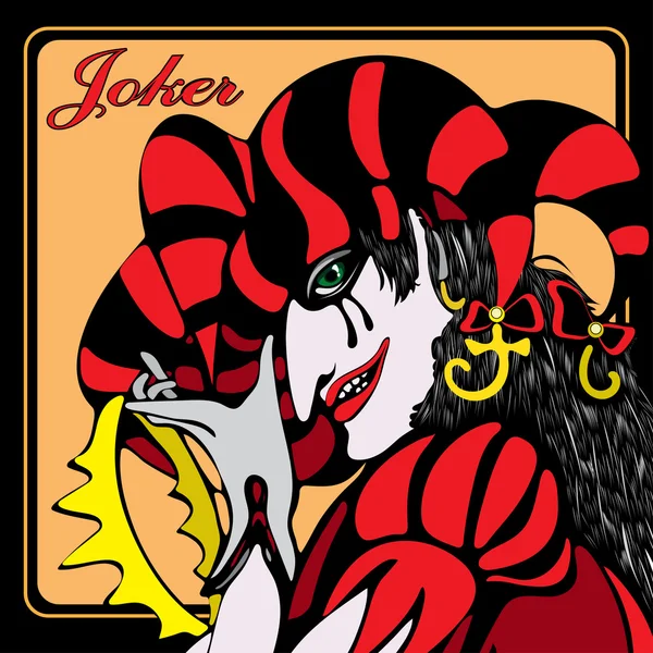 Joker, kwaad jester met verraderlijke glimlach, boos kaart karakter, enge clown. Sinistere schurk in fool van cap met de kroon in zijn hand. Vintage vectorillustratie — Stockvector