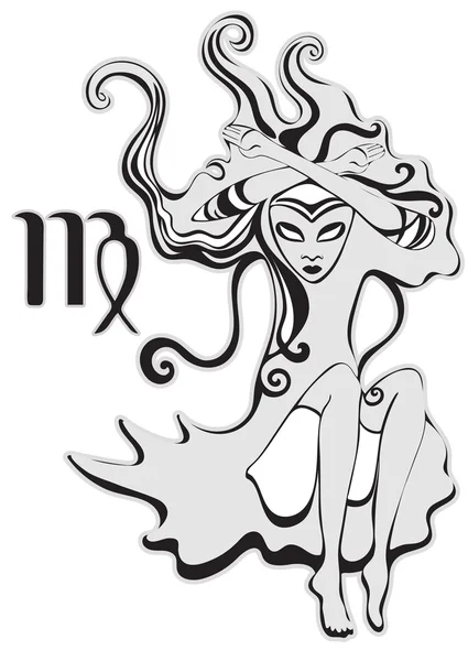 Signo zodiacal de Virgo. Reina de picas. Chica gótica abstracta y psicodélica en estilo surrealista. Señora monocromática, ilustración vectorial en blanco y negro. Para el diseño de la astrología, diseño de la camiseta, tatuaje, tarjeta — Archivo Imágenes Vectoriales