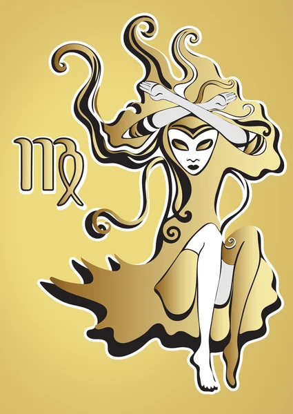 Dama de oro, signo virgo del zodíaco. Reina de picas. Chica gótica abstracta y psicodélica en estilo surrealista. Mujer negra dorada sobre fondo dorado, diseño de lujo. Para el diseño de la astrología, tatuaje, tarjeta — Vector de stock