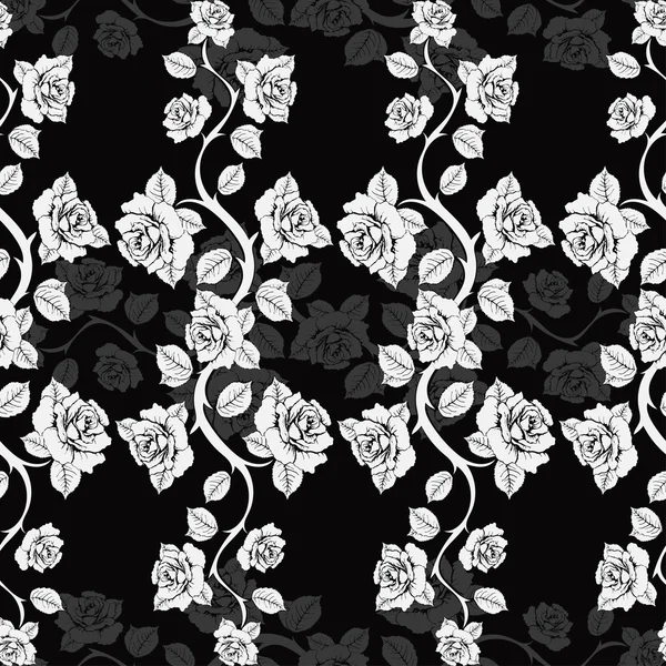 バラの枝とシームレスな花のパターン。黒い背景に白いバラ。モノクロ、ベクトル黒と白の花の背景。壁紙、ラップ、ファブリックデザイン用 — ストックベクタ