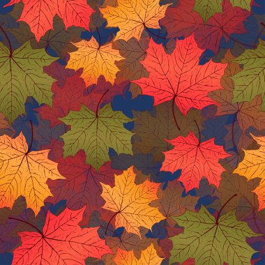 Sonbahar yaprakları, seamless modeli, vektör arka plan. Kırmızı, sarı ve yeşil akçaağaç mavi üzerinde. Duvar kağıdı, kumaş, dekorasyon malzeme tasarımı için