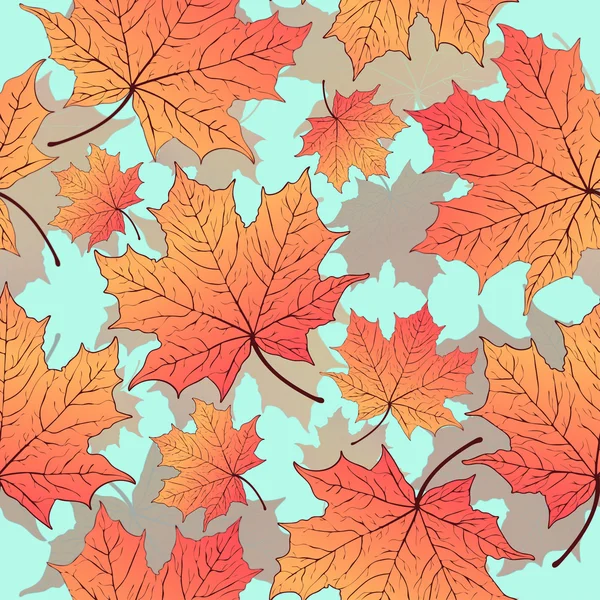 Hojas de otoño, patrón sin costuras, fondo vectorial. Hoja de arce naranja amarilla sobre un azul. Para el diseño de papel pintado, tela, material de decoración — Archivo Imágenes Vectoriales