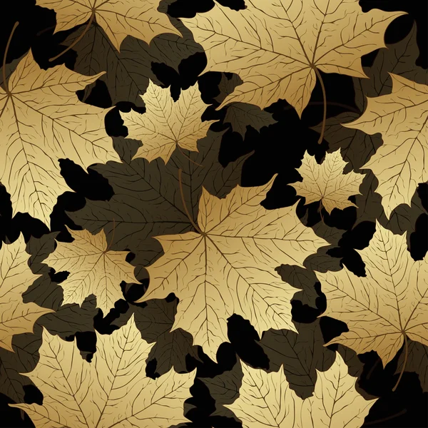 Goldene Blätter, nahtloses Muster, Vektorhintergrund. Ahorn auf schwarz. Luxusdesign, teurer Schmuck, dekoratives Element — Stockvektor
