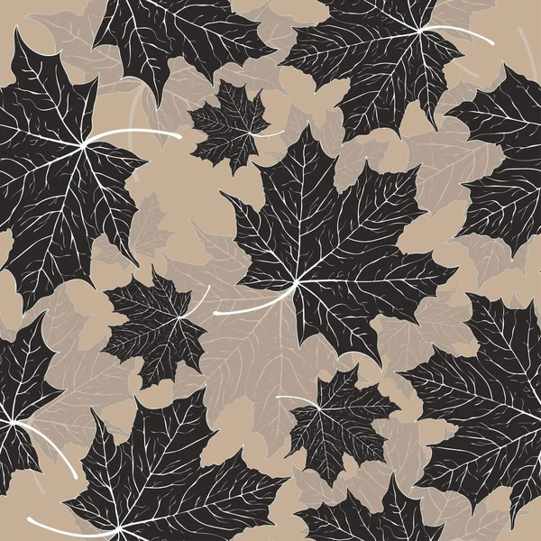 Daun pola mulus, latar belakang vektor. Maple hitam pada warna krem. Untuk desain wallpaper, kain, bahan dekorasi - Stok Vektor