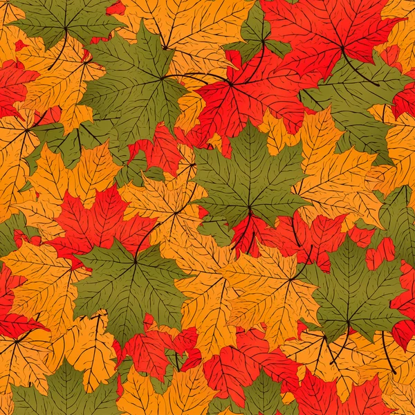 秋天的落叶，无缝模式，矢量背景。红色、 黄色和绿色的枫叶。壁纸、 包装、 面料、 装饰材料的设计 — 图库矢量图片