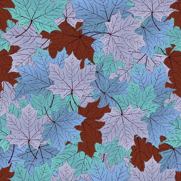 Daun musim gugur, pola mulus, latar belakang vektor. Biru, ungu, pirus dan maple coklat. Untuk desain wallpaper, pembungkus, kain, bahan dekorasi - Stok Vektor