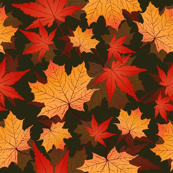 Blad naadloze patroon, vector achtergrond. Gele en rode Herfstbladeren op een donker groen. Voor het ontwerp van behang, textiel, decoratie materiaal — Stockvector