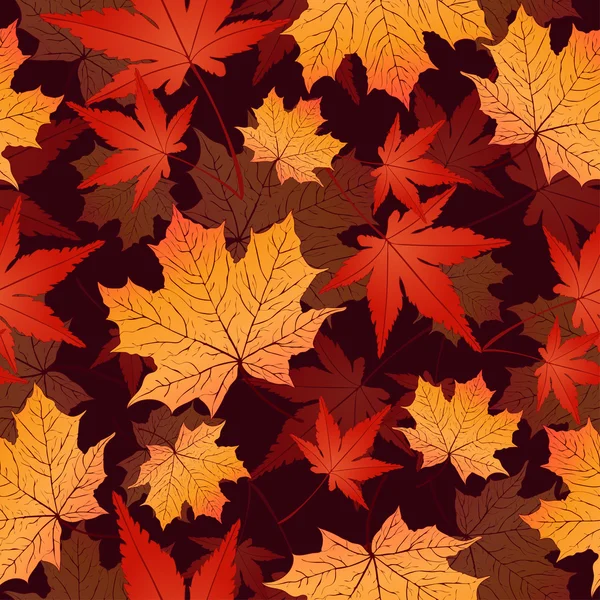 Padrão sem costura folha, fundo vetorial. Folhas amarelas e vermelhas de outono em um escuro. Para o design de papel de parede, tecido, material de decoração — Vetor de Stock