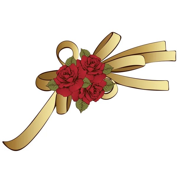 Gold bow with red flowers roses. Painted decorative element, hand-drawing, cartoon detail. Vector illustration — Stock Vector