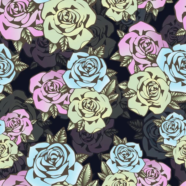 Rose Blume nahtlose Muster, Vektor Hintergrund. Blüten Rosen in ungewöhnlichen Farben kreativ, blaue Knospe, rosa und gelb grünen Rosenknospe. für Textildesign, Stoff, Tapete — Stockvektor