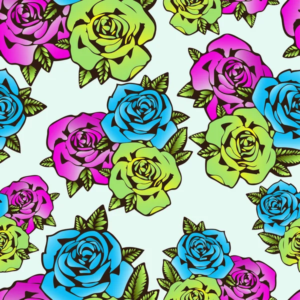 バラの花のシームレスなパターン、ベクトルの背景。珍しい色の創造的な青い芽の花バラ、ピンクと黄色緑バラのつぼみ。テキスタイル デザイン、ファブリック、壁紙 — ストックベクタ
