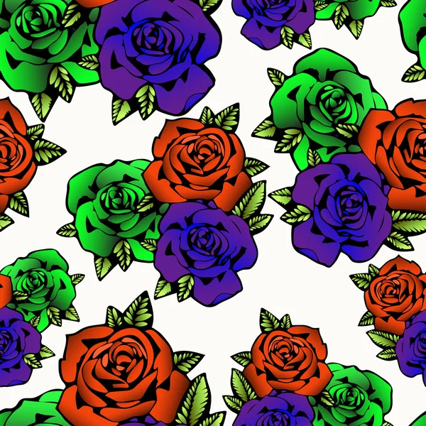 Rose Blume nahtlose Muster, Vektor Hintergrund. Blüten Rosen in ungewöhnlichen hellen Farben kreativ, lila Knospe, orange und grüne Rosenknospe. für Textildesign, Stoff, Tapete — Stockvektor