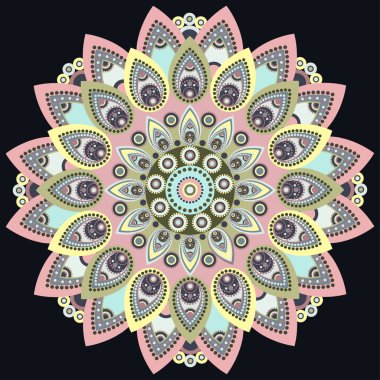 Mandala renkli. Doğu, etnik tasarım, oryantal desen, süsleme yuvarlak. Kumaş dekorasyon, baskı, dövme, oyma işi, broş, hippi takı için kullanımda