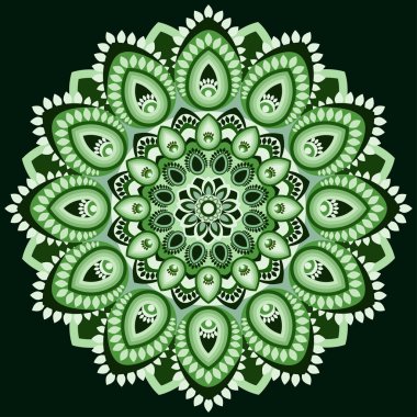 Mandala yeşil tonlarında. Doğu, etnik tasarım, oryantal desen, süsleme yuvarlak. Kumaş, baskı, dövme, oyma işi, broş, hippi takı kullanımına yöneliktir. Islam, Arapça, Indian, Osmanlı motifleri