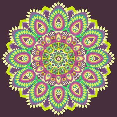 Mandala çok renkli. Doğu, etnik tasarım, oryantal desen, süsleme yuvarlak. Kumaş, baskı, dövme, oyma işi, broş, hippi takı kullanımına yöneliktir. Islam, Arapça, Indian, Osmanlı motifleri