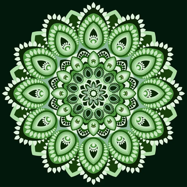 Mandala en tonos de verde. Oriente, diseño étnico, patrón oriental, ornamento redondo. Para su uso en tela, impresión, tatuaje, calado, broche, joyería hippie. Islam, árabe, indio, motivos otomanos — Vector de stock