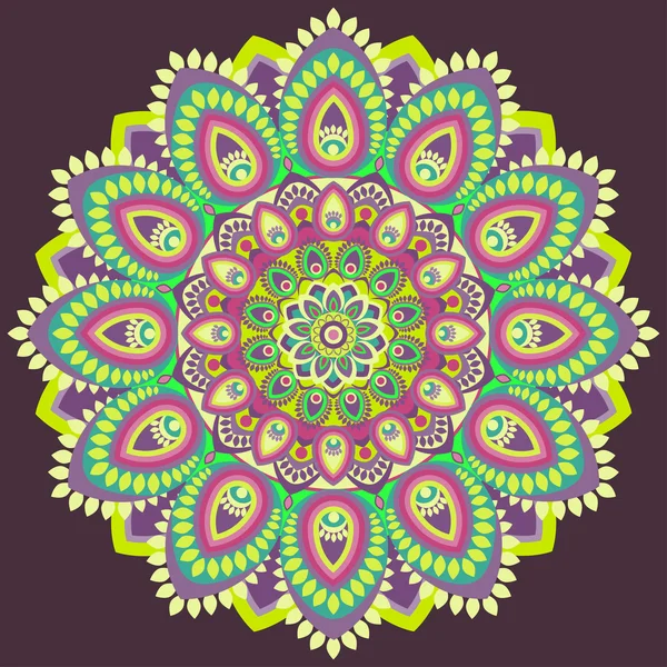 Mandala mångfärgade. Öst, runda etniska design, orientaliska mönster, prydnad. För användning i tyg, print, tatuering, Stuck, brosch, hippie smycken. Islam, arabiska, indiska, ottomanska motiv — Stock vektor