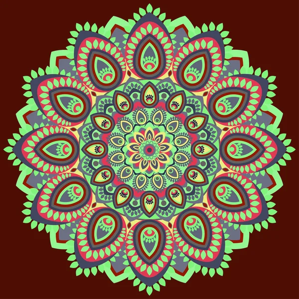 Mandala mångfärgade. Öst, runda etniska design, orientaliska mönster, prydnad. För användning i tyg, print, tatuering, Stuck, brosch, hippie smycken. Islam, arabiska, indiska, ottomanska motiv — Stock vektor