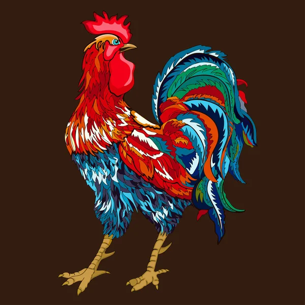 Polla, con coloridas plumas de pájaro de color brillante un fondo marrón oscuro. Gallo rojo ardiente símbolo de 2017. Ilustración vectorial — Vector de stock