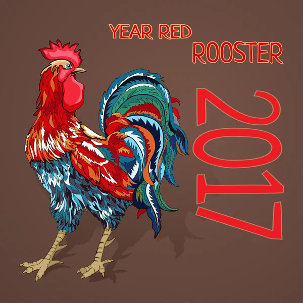 火红红公鸡的 2017年象征。新年贺卡与明亮的彩色羽毛。手绘，老式的矢量图 — 图库矢量图片