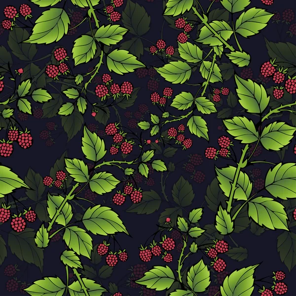 Branches de modèle sans couture framboise, fond de baies. Dessin de fruits, art graphique, dessin animé. Pour la conception du tissu, impression, papier peint, emballage. Illustration vectorielle — Image vectorielle