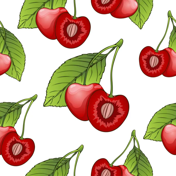 Cerezas en un corte con hueso, patrón sin costuras, fondo de bayas. Fruta pintada, arte gráfico, dibujos animados. Para el diseño de la tela, impresión, papel pintado, envoltura. Ilustración vectorial — Archivo Imágenes Vectoriales