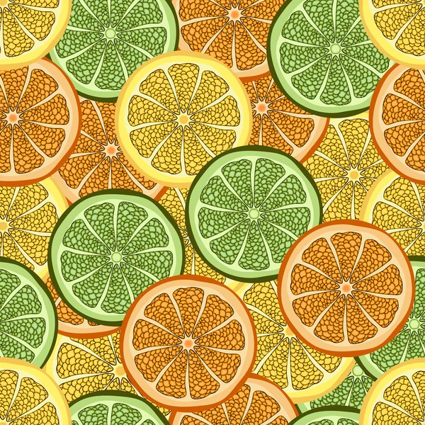 Rebanadas de naranja, lima y limón en un corte, patrón sin costuras, fondo de fruta. Dibujo de cítricos, arte gráfico, dibujos animados. Para el diseño de la tela, impresión, papel pintado, envoltura. Ilustración vectorial — Archivo Imágenes Vectoriales