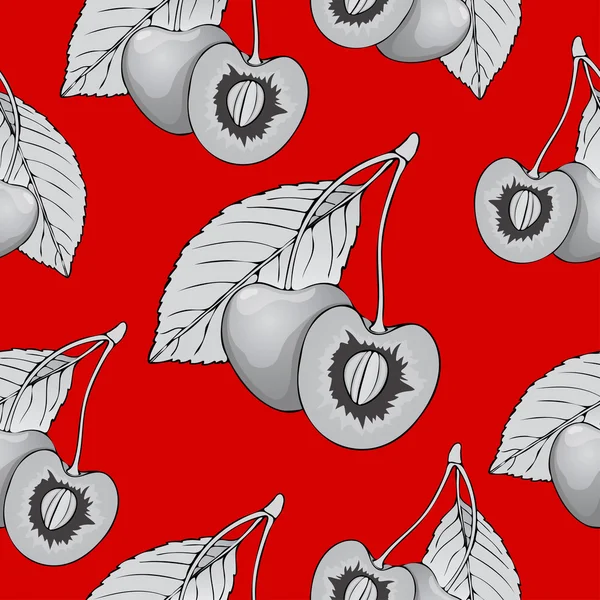 Schwarze und weiße Kirschen mit Kernen auf rotem Hintergrund, nahtloses Vintage-Muster, Frucht-Cartoon, Handzeichnung. für die Gestaltung des Stoffes, Druck, Tapete, Verpackung — Stockvektor