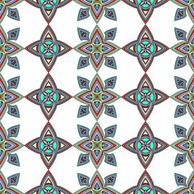 Soyut renkli süslemeler, doğuya ait kıvrımlar, çiçekli, kıvrımlı, açılımlı desenler. Beyaz arka planda çok renkli bir iz sürücü. Kumaş tasarımı, duvar kâğıdı, baskı için. Vektör illüstrasyonu