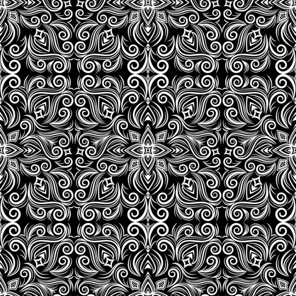 Векторний Абстрактний Чорно Білий Орнамент Криві Повороти Безшовний Візерунок Квітами — стокове фото