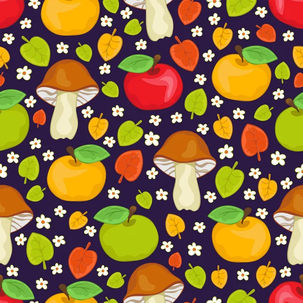 Red, green and yellow apples, mushrooms and leaves seamless pattern, cartoon hand drawing, colorful autumn background. For fabric design, textile prints, bright cute wallpapers. Vector illustration