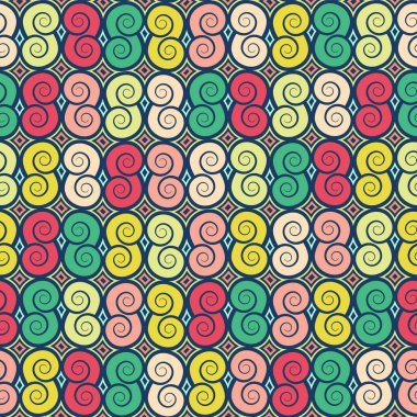 Kıvrımlı spiral kıvrımlı soyut renkli süslemeler, dikişsiz desenler, grafik pastel renkli çok renkli çizimler, karalama çizimleri. Kumaş tasarımı, duvar kağıdı, ambalaj kağıdı, doku, dekorasyon için. Vektör illüstrasyonu