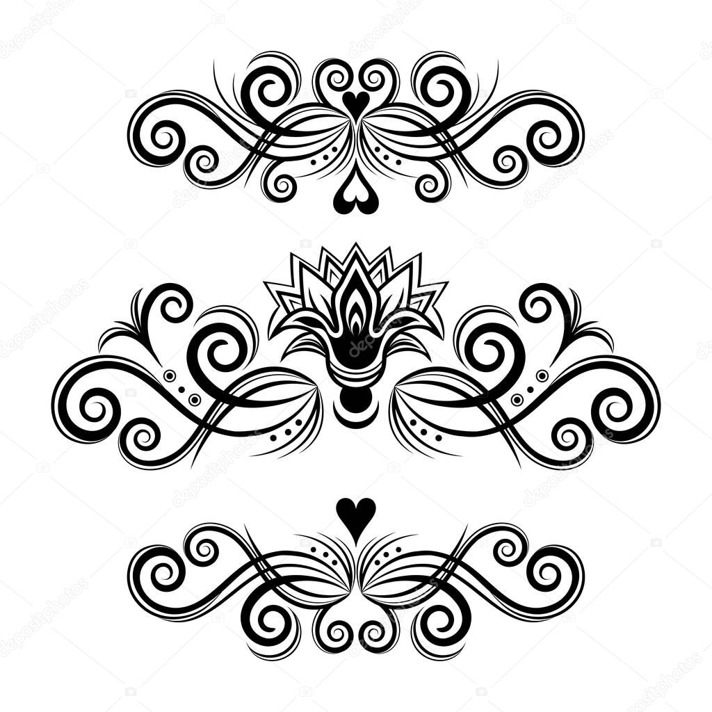 Set abstract floral ornament, delimiter, frame, border, pattern, black and white drawing with curls, swirl, flower, hear, decorative element, tattoo, isolated on white background. Vector illustration