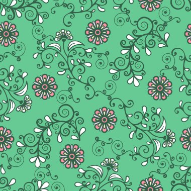 Çiçeksiz desenli, renkli çiçekli zarif bir arka plan. Şirin pembe çiçek, beyaz yapraklar ve yeşil arka planda kıvırcık dantel. Kumaş tasarımı, duvar kağıdı, ambalaj kağıdı, baskı için. Vektör illüstrasyonu