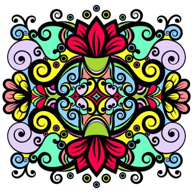 Çiçek soyut süs, parlak renkli desen, çok renkli etnik iz sürme, el çizimi. Süslü dekoratif elementler, beyaz arka planda izole edilmiş çiçekler ve bukleler. Vektör illüstrasyonu