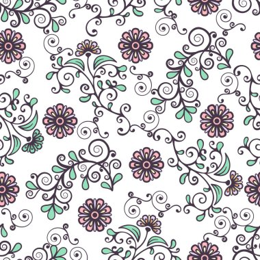 Çiçeksiz desenli, renkli çiçekli zarif bir arka plan. Şirin pembe çiçek, yeşil yapraklar ve beyaz arka planda kıvırcık dantel. Kumaş tasarımı, duvar kağıdı, ambalaj kağıdı, baskı için. Vektör illüstrasyonu