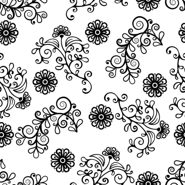Floral Line Seamless Pattern Black White Drawing Monochrome Blooming Coloring — Stock Photo, Image